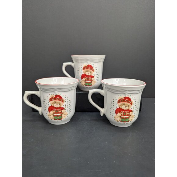 Vintage Tienshan Stoneware Theodore Bears Navidad 8 Oz Coffee Tea Cups Lot of 3 - Picture 1 of 8